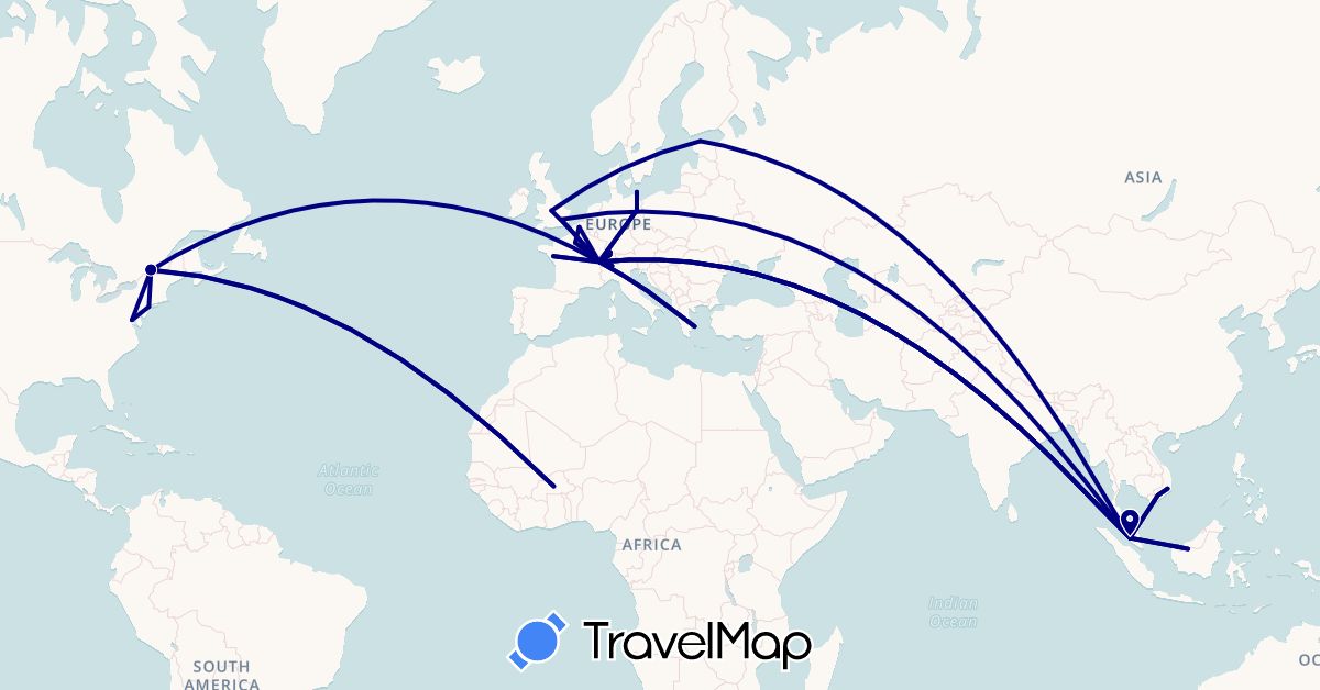 TravelMap itinerary: driving in Burkina Faso, Canada, Switzerland, Germany, Estonia, France, United Kingdom, Greece, Malaysia, United States, Vietnam (Africa, Asia, Europe, North America)